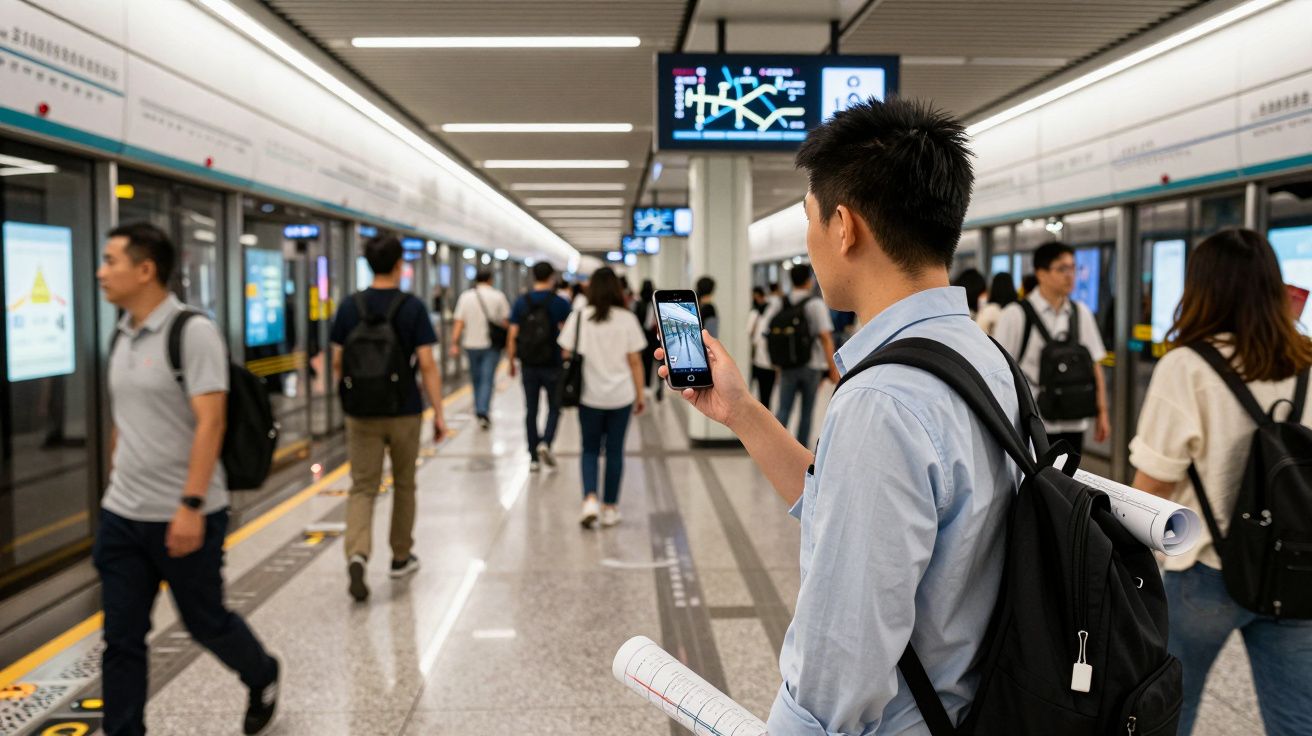 Homem com mochila tira foto na estação de metro movimentada com vários passageiros a caminhar.