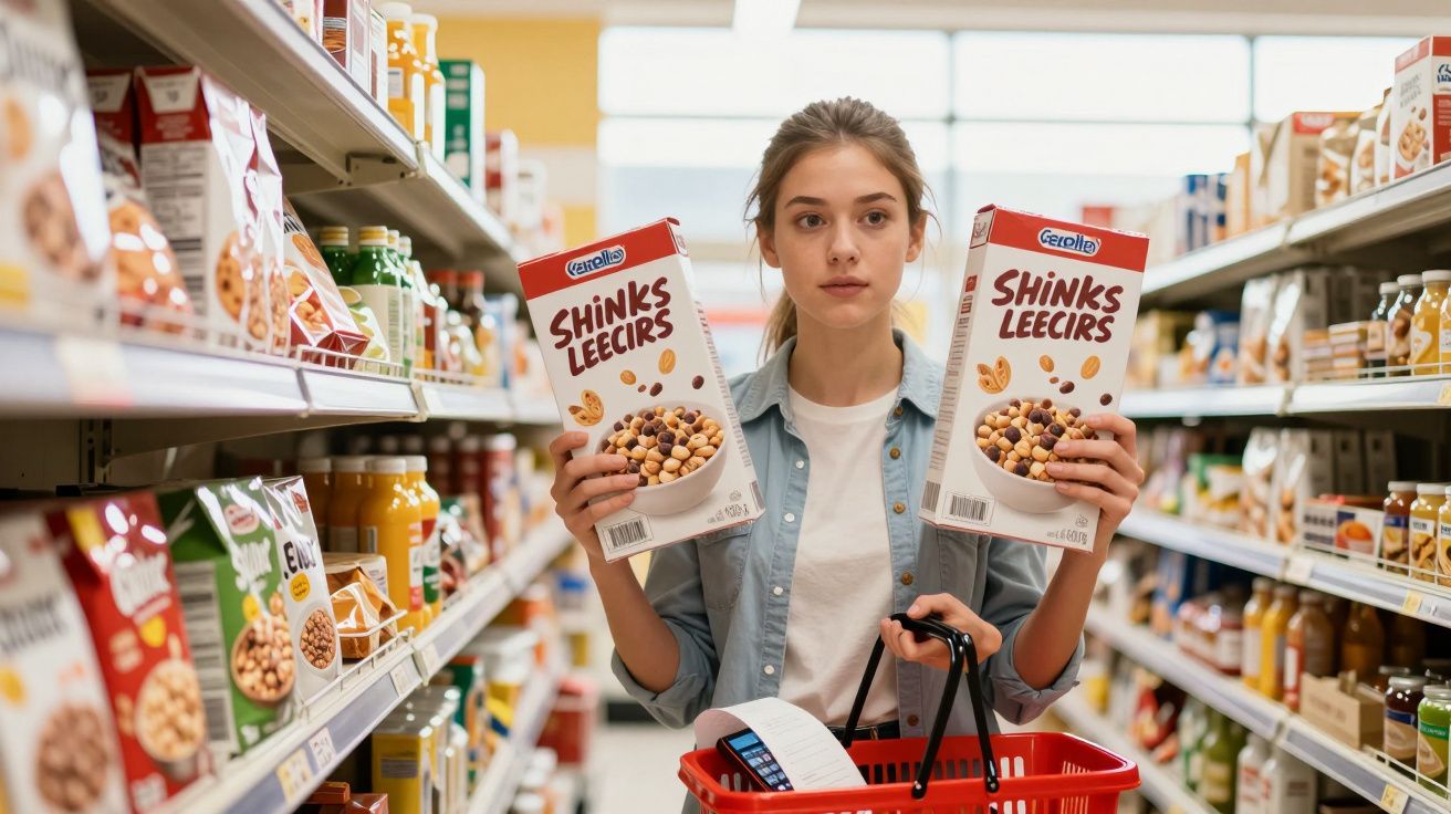 Mulher jovem em supermercado segurando duas caixas de cereais idênticas e um cesto de compras vermelho.