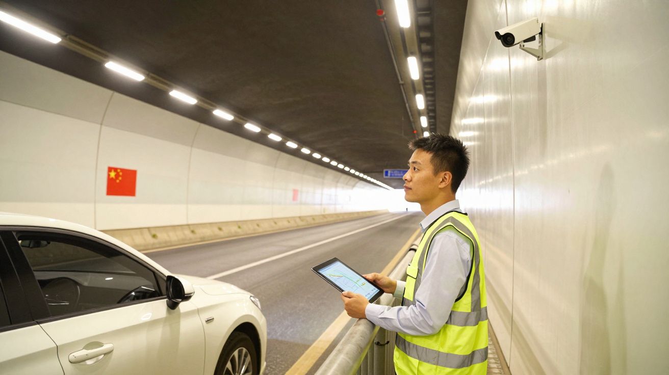 Homem de colete refletor com tablet ao lado de carro branco em túnel iluminado e com câmara de segurança.