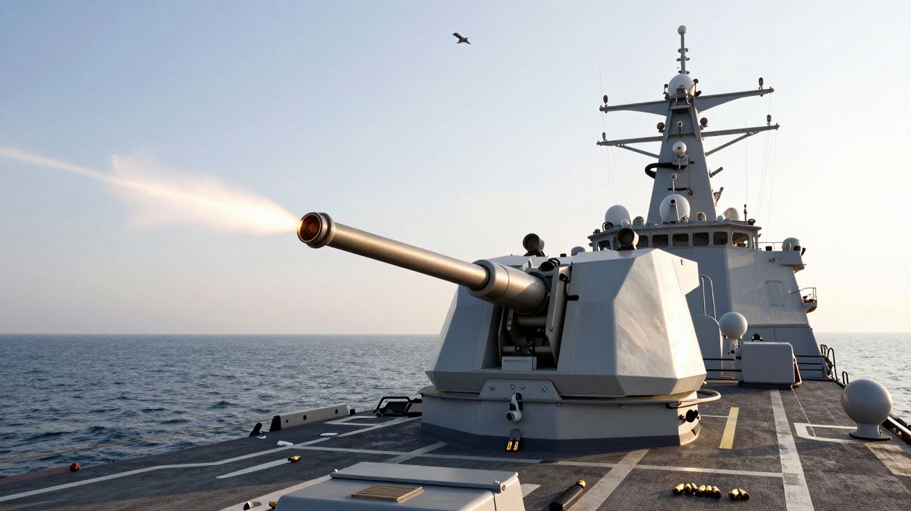 Canhão naval em navio de guerra a disparar no mar ao entardecer.