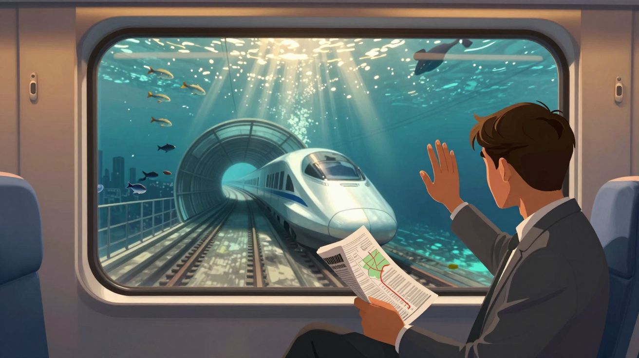 Homem num comboio vê outro comboio a emergir de túnel subaquático com peixes ao redor, segurando um mapa.