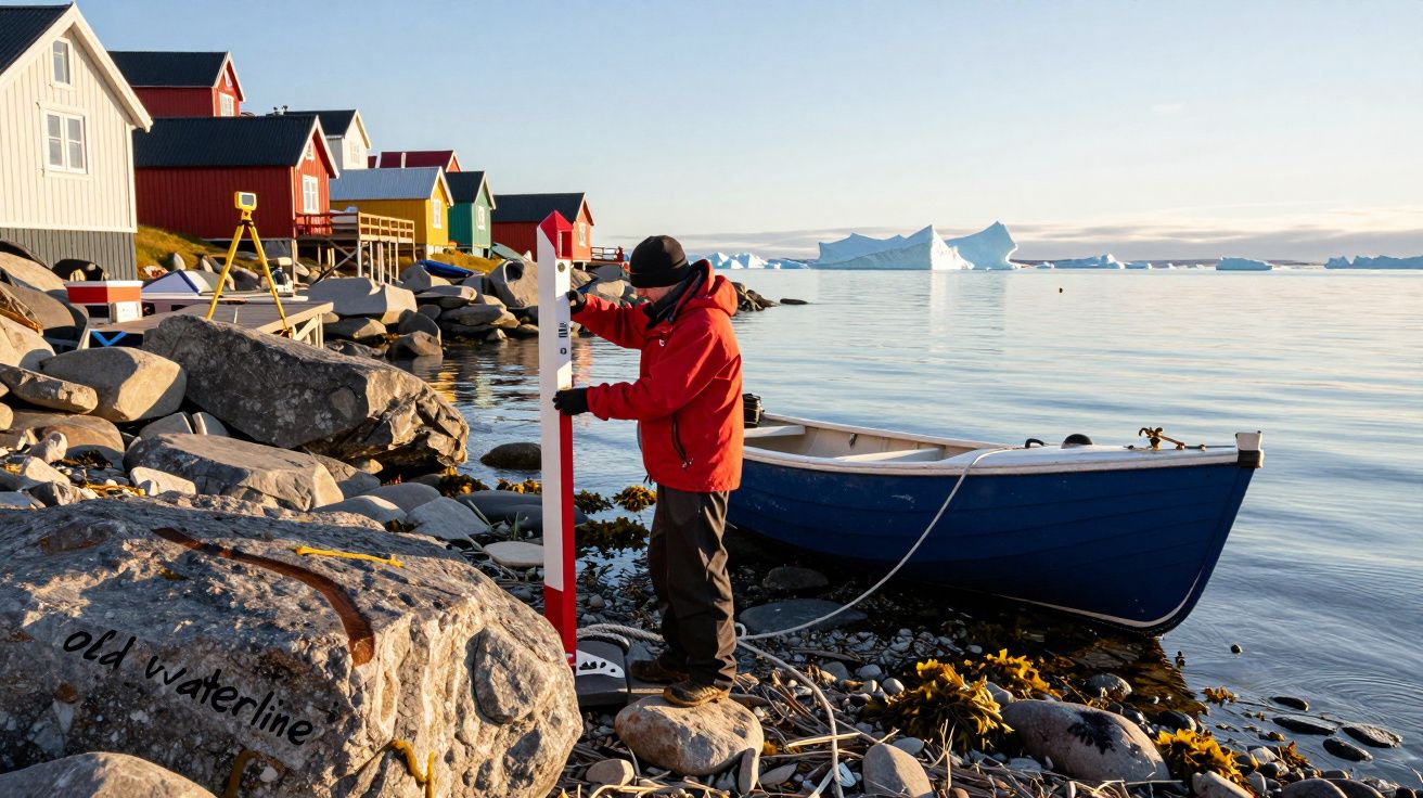 Pessoa a trabalhar numa zona costeira rochosa com barcos coloridos e icebergs ao fundo.