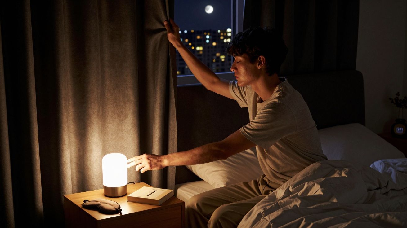 Jovem senta-se na cama à noite, a desligar a luz junto à janela onde se vê a lua cheia no céu.