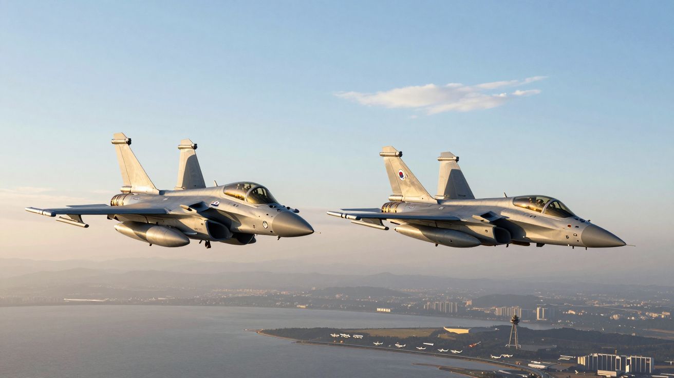 Dois caças militares a jato voando em formação sobre uma área costeira ao pôr do sol.