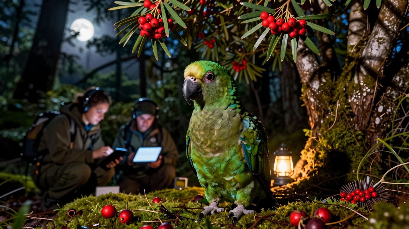 Papagaio verde junto a frutas vermelhas numa floresta iluminada por homem com tablet à noite.