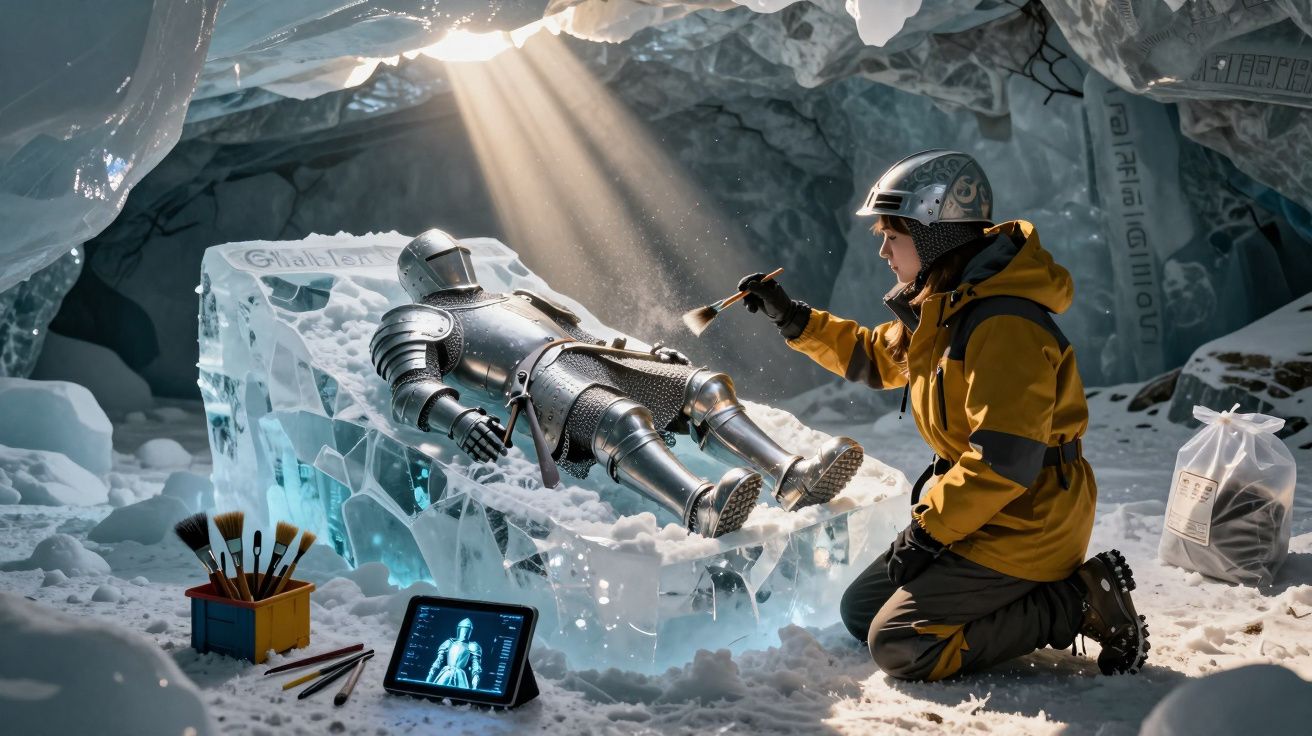 Pessoa com equipamento de exploração examina uma armadura medieval presa num bloco de gelo numa caverna.