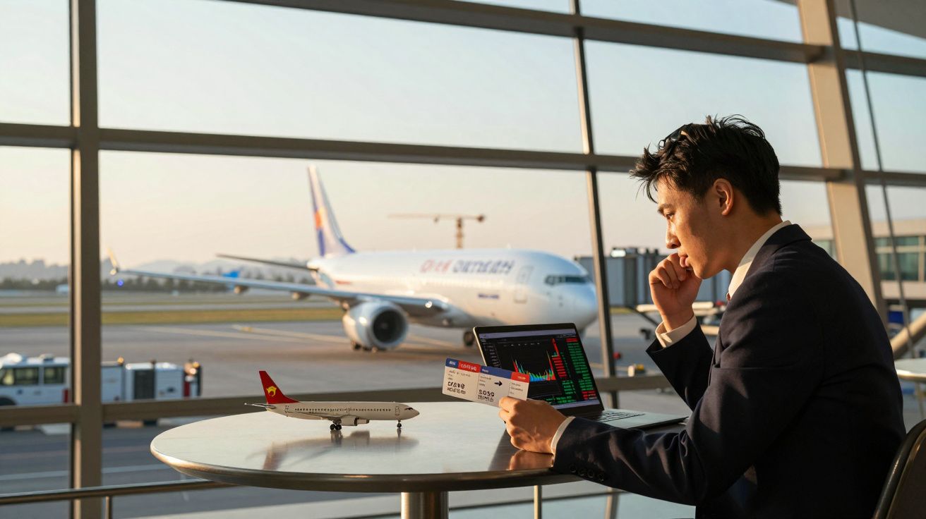 Homem de fato sentado no aeroporto com bilhete de avião e portátil em cima da mesa, avião visível ao fundo.