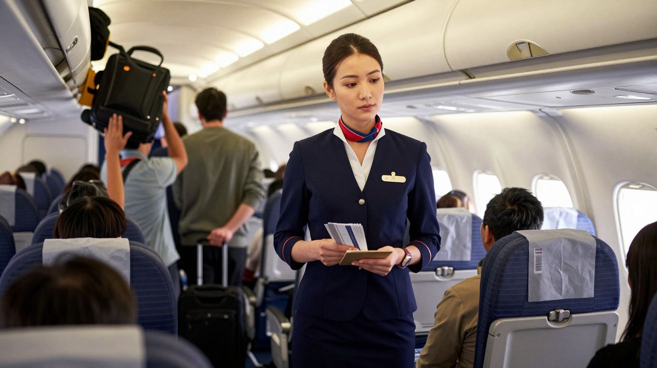 Tripulante de cabine em uniforme azul confere bilhetes durante voo comercial com passageiros a bordo.