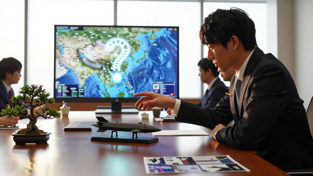 Homem de fato num escritório a apontar para modelo de avião numa mesa com mapa e interrogação no ecrã ao fundo.