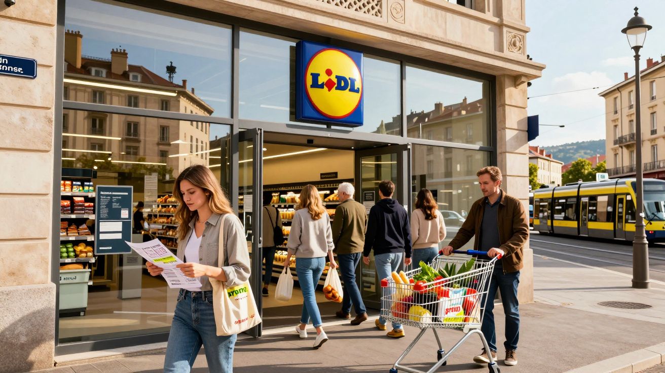 Entrada de supermercado Lidl com pessoas a entrar e um homem a empurrar um carrinho cheio de compras.