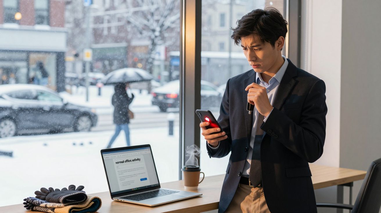 Homem de fato dentro de escritório olhando preocupado para telemóvel junto a computador portátil e vista de neve.