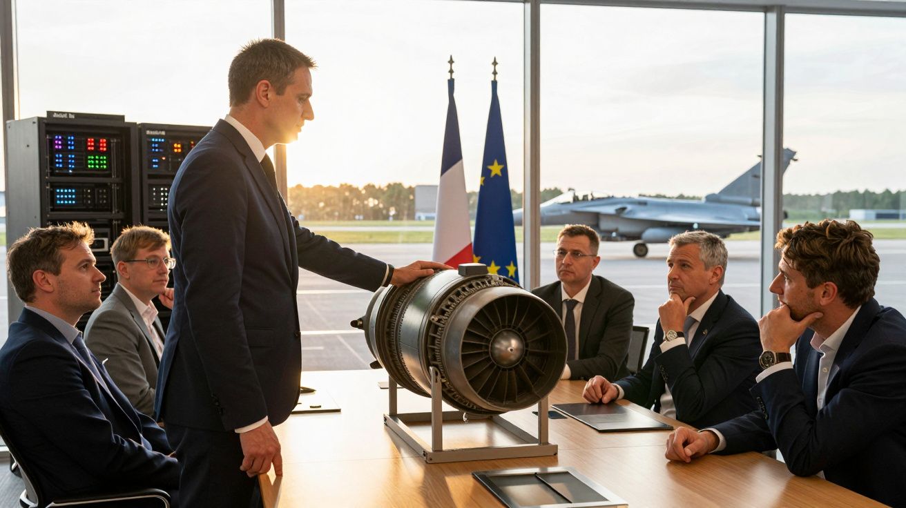 Reunião de homens de negócios com motor a jato em mesa, bandeiras da França e UE e avião militar ao fundo.