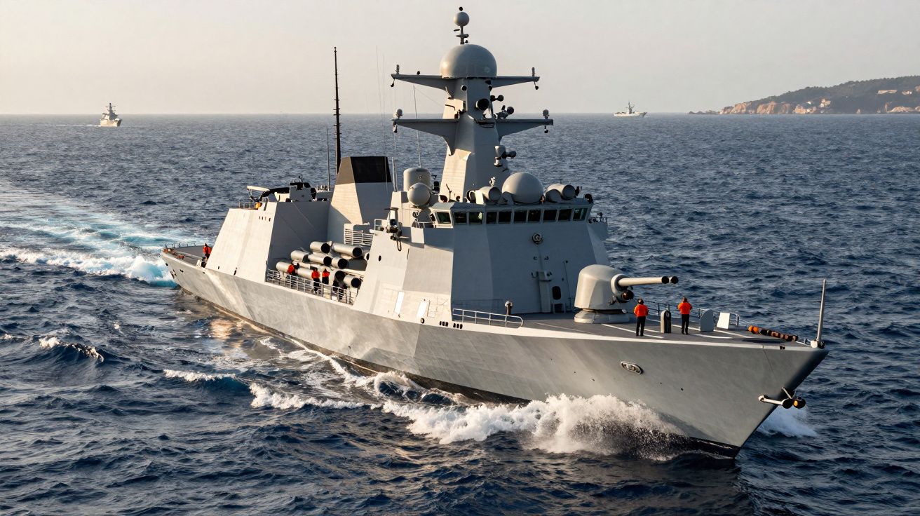 Cruzador de guerra moderno cinzento navegando no mar com tripulantes a bordo e costa ao fundo.