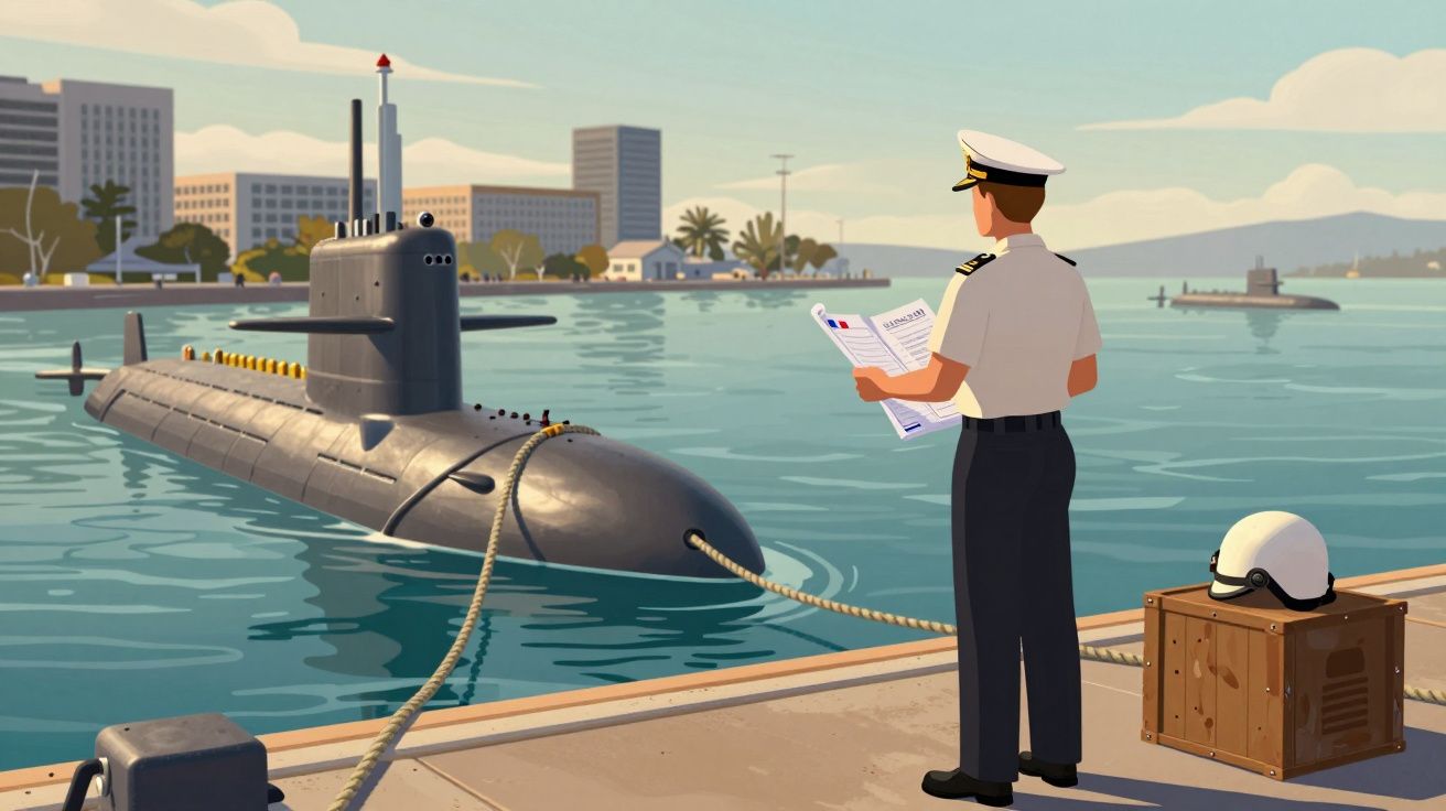 Oficial naval observa documentos no cais enquanto submarino está atracado numa baía urbana.