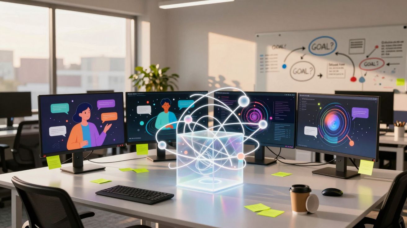 Mesa de escritório com quatro ecrãs de computador mostrando gráficos e ilustrações, e projeção digital 3D no centro.