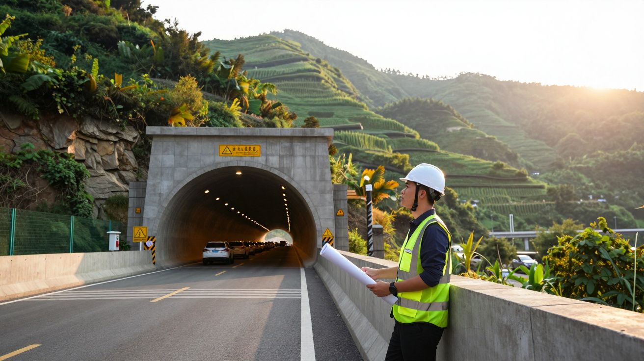 Engenheiro de segurança com capacete e colete reflete ao lado de túnel viário em zona montanhosa ao pôr do sol.