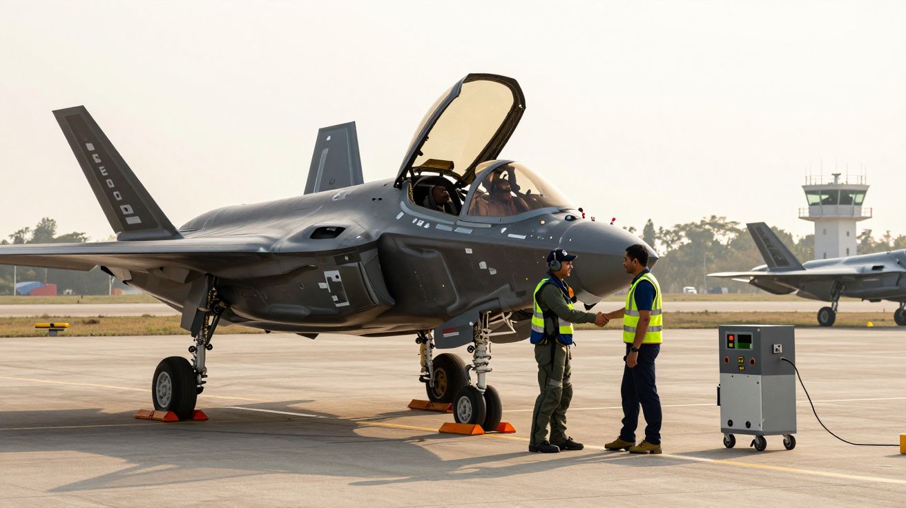 Caça militar estacionado em pista com piloto e técnico a cumprimentarem-se.