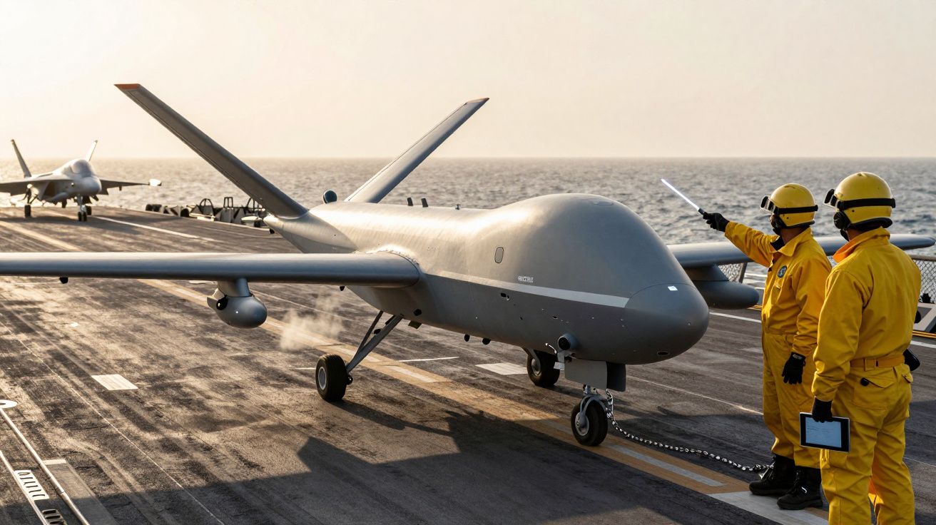 Drones militares em convés de porta-aviões com dois técnicos em fatos amarelos a controlar operações.