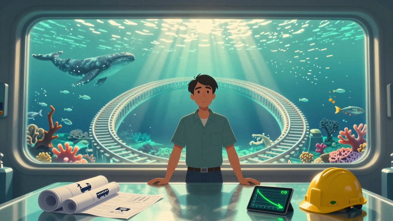 Homem numa sala subaquática com janela panorâmica para o mar, com uma baleia e corais visíveis.