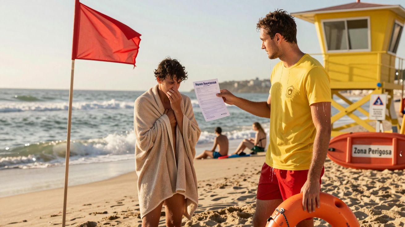 Salvador da praia entrega aviso de zona perigosa a banhista numa praia com bandeira vermelha.