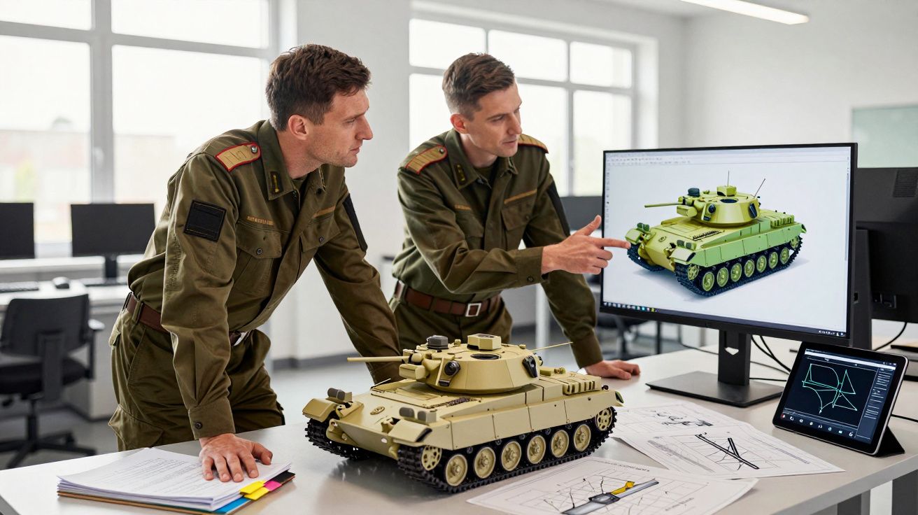 Dois militares analisam modelo físico e digital de tanque de guerra em escritório com plantas técnicas.