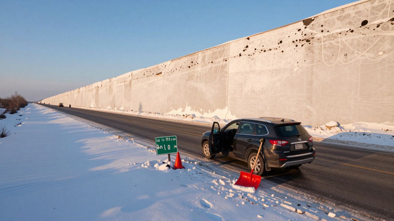 Carro preto parado na neve com pá e cone próximo a muro alto coberto de gelo sob céu limpo.