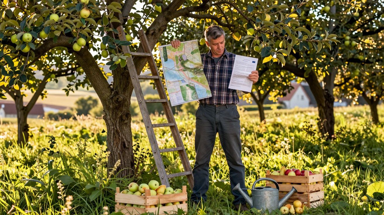 Homem em pomar com maçãs segura mapa e papel, ladeado por duas caixas de maçãs e regador.
