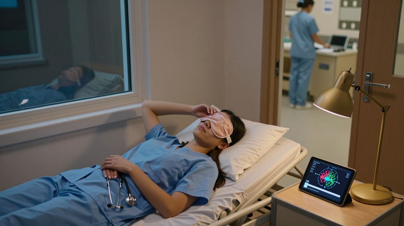 Enfermeira de uniforme azul a descansar numa cama com máscara nos olhos num quarto hospitalar.