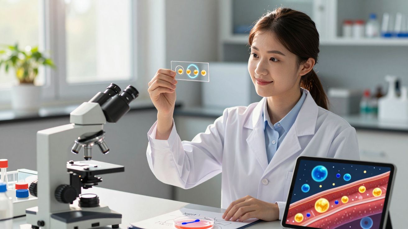 Cientista a analisar lâmina com células, computador com imagem de células e microscópio num laboratório.