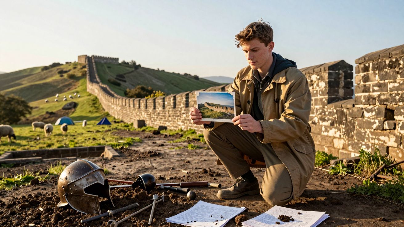 Jovem ajoelhado junto à muralha antiga, segurando fotografia da mesma, com capacete e armas antigas no chão.