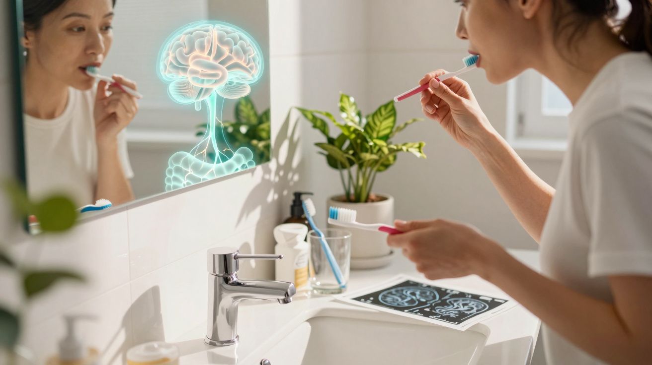 Mulher a escovar os dentes à frente do espelho com imagem digital de cérebro refletida no vidro.