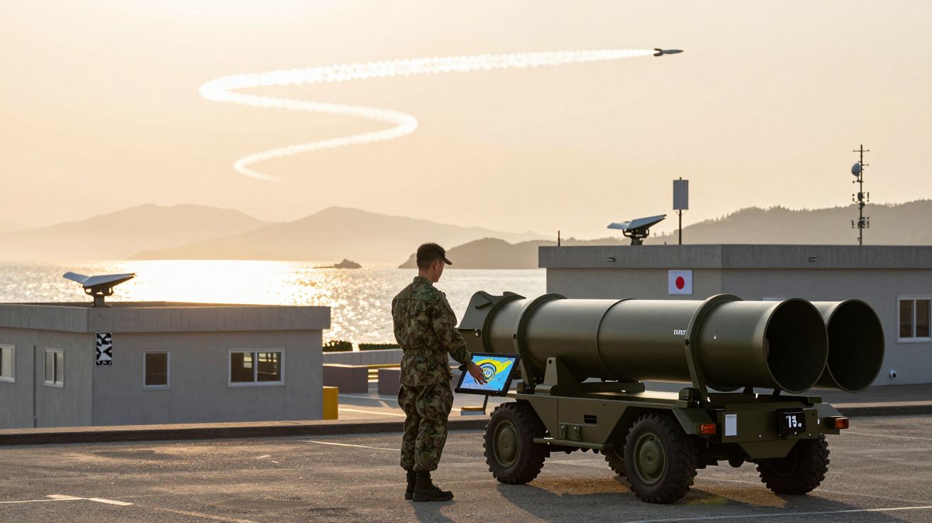 Militar junto a dispositivo de treino antiaéreo com avião a fazer manobra no céu ao pôr do sol.