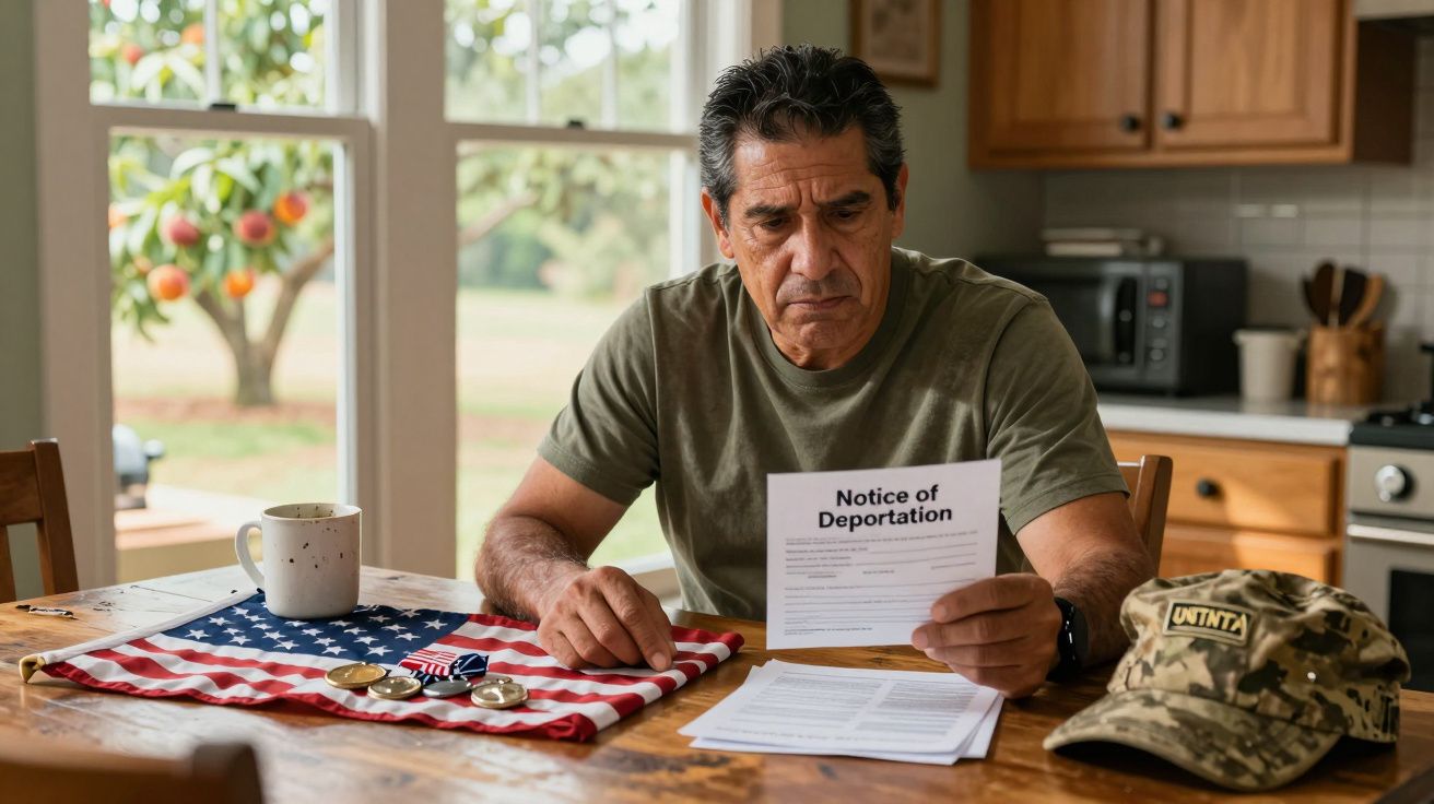 Homem preocupado sentado à mesa lendo notificação de deportação com objetos militares e bandeira dos EUA.