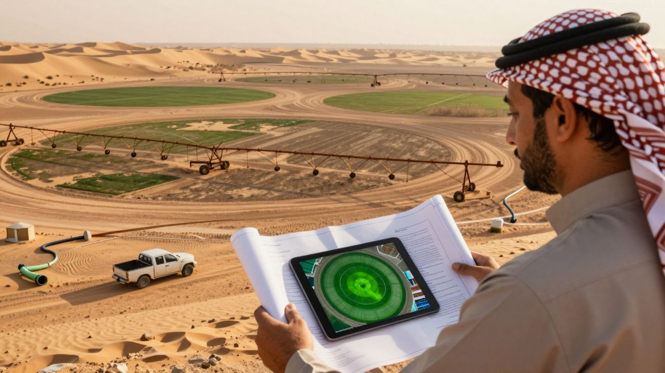 Homem árabe com tablet e plantas a observar irrigação circular no deserto.
