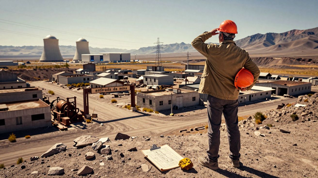 Homem com capacete laranja observa área industrial mineira com edifícios e torres de refrigeração ao fundo.