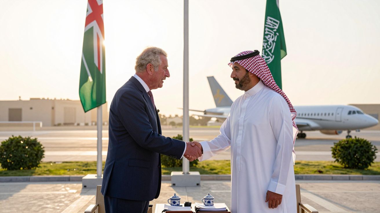 Dois homens apertam as mãos em encontro diplomático ao ar livre, com bandeiras do Reino Unido e Arábia Saudita ao fundo.
