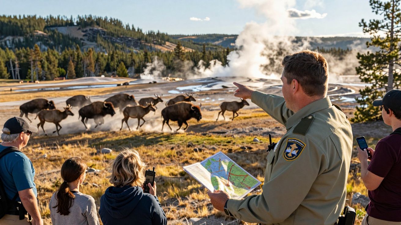 Guia do parque a apontar para bisontes a correr, enquanto grupo observa e fotografa perto de fontes termais.