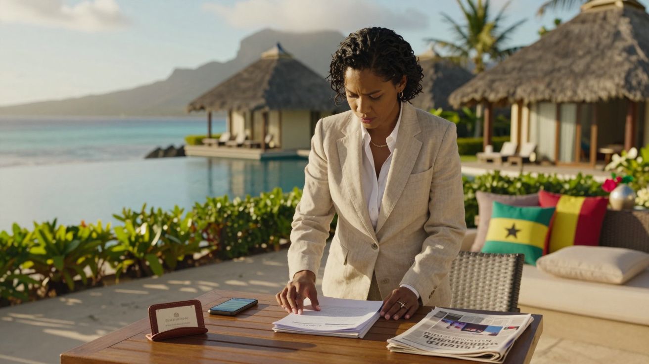 Mulher a trabalhar ao ar livre junto à piscina com vista para o mar e montanhas ao fundo.