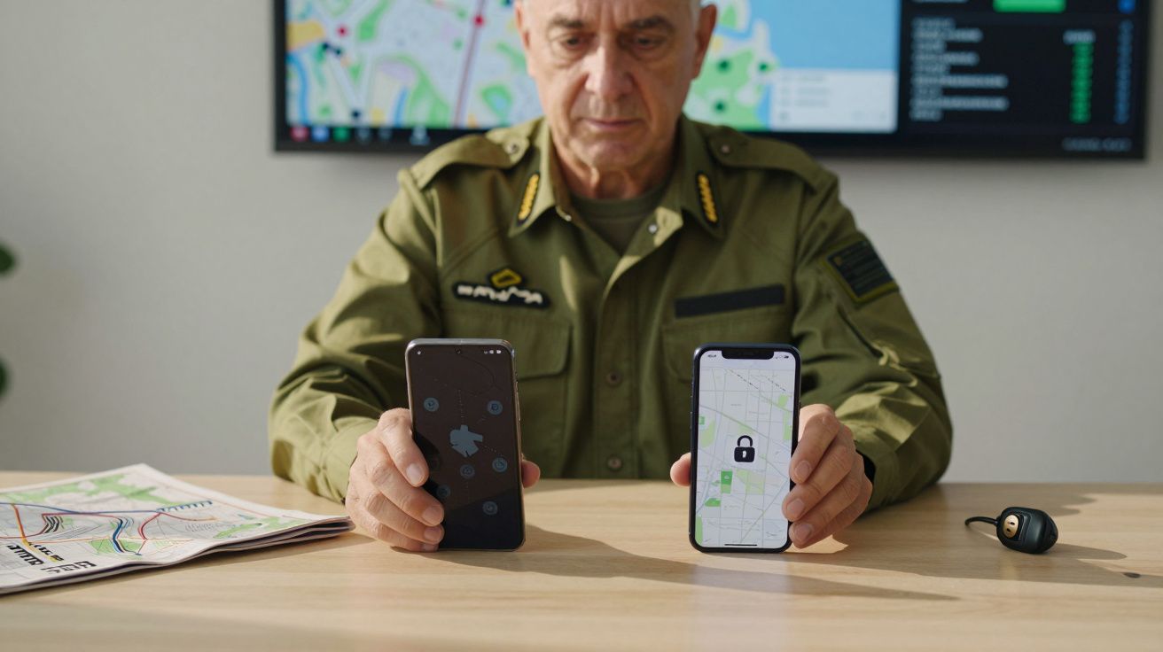 Homem em uniforme militar mostra dois telemóveis com mapas digitais numa sala de controlo.