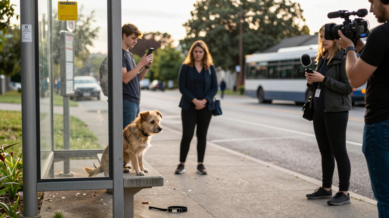 Cão sentado numa paragem de autocarro com pessoas e equipa de filmagem à volta numa rua urbana.