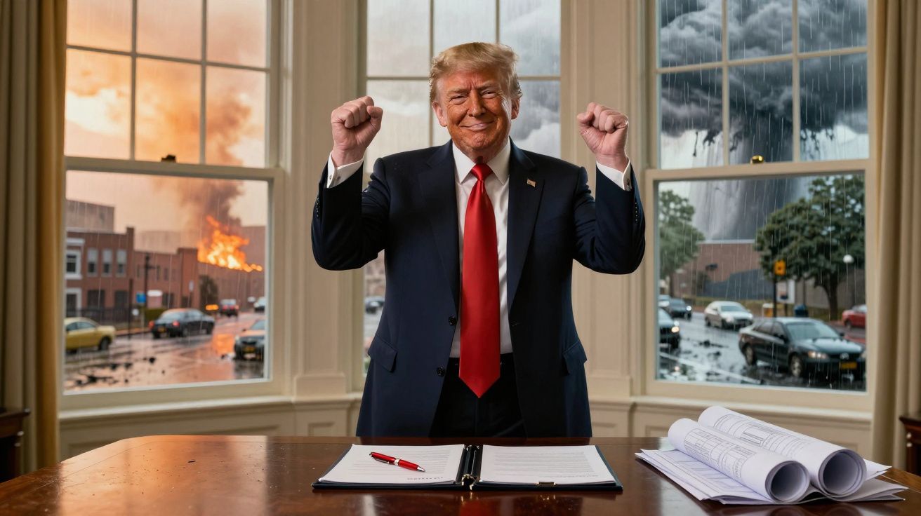 Homem em fato e gravata vermelha a festejar com punhos erguidos, atrás janelas com incêndio e tempestade.