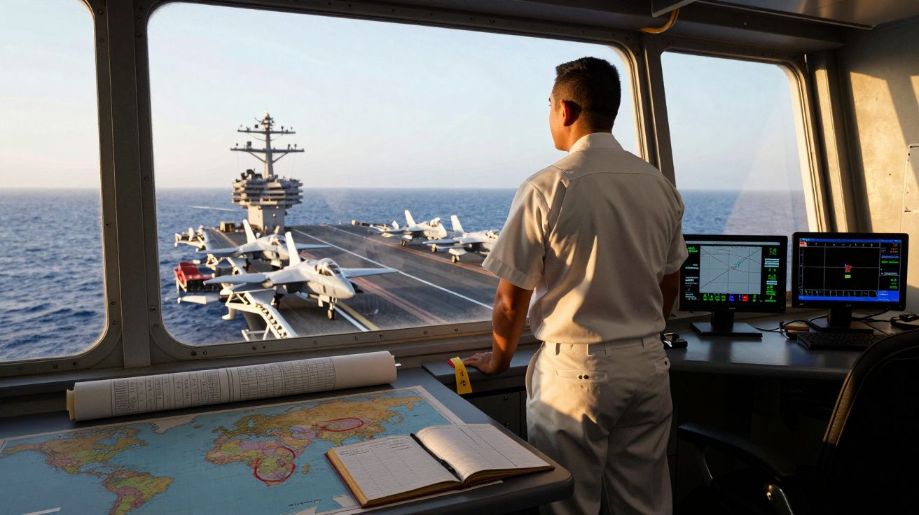 Militar observa porta-aviões com aviões no convés a partir do interior de um navio, com mapas e monitores à frente.
