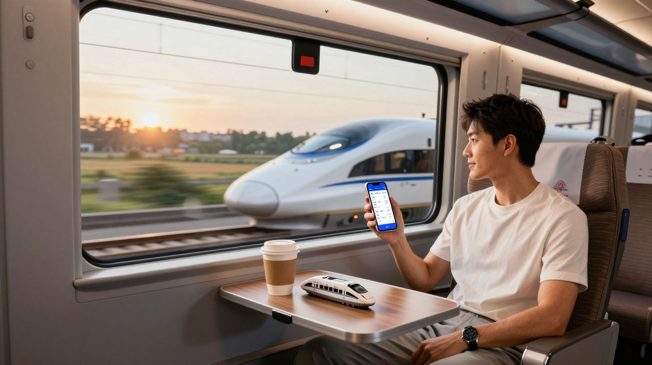 Homem sentado num comboio de alta velocidade com smartphone na mão e maquete de comboio na mesa junto à janela.