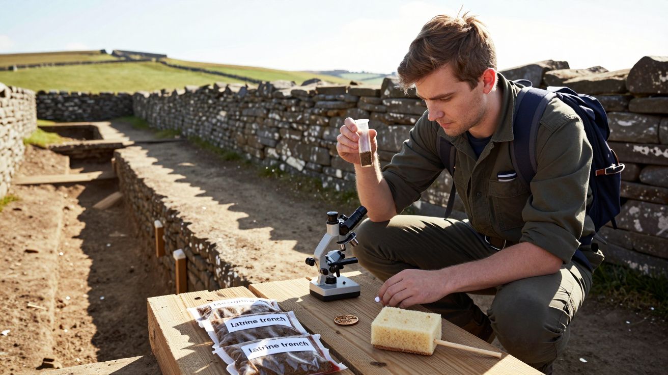 Homem a analisar amostra de terra junto a uma escavação arqueológica com microscópio ao ar livre.