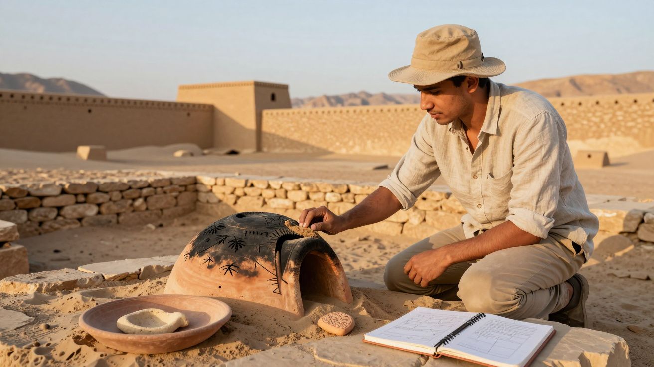 Homem a examinar forno de barro tradicional e a consultar caderno em sítio arqueológico no deserto.