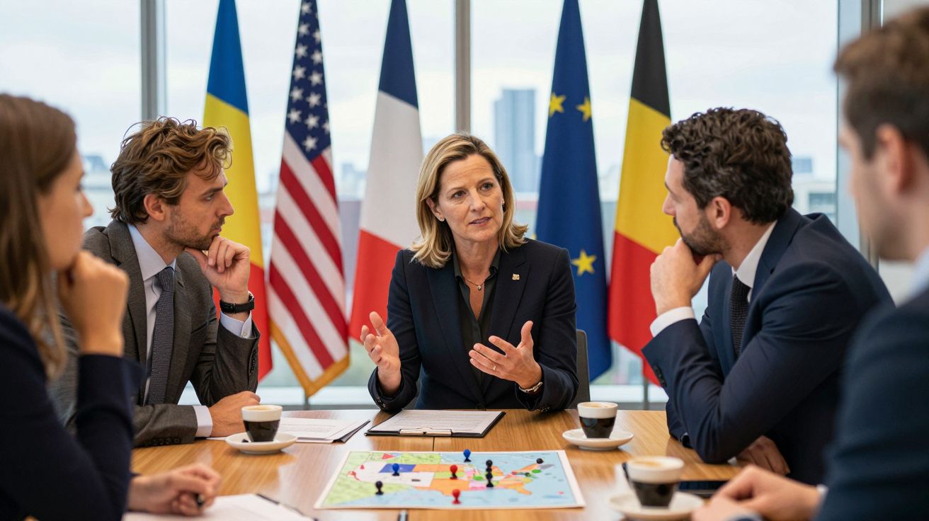 Reunião de negócios com cinco pessoas discutindo estratégia com bandeiras internacionais ao fundo e café na mesa.