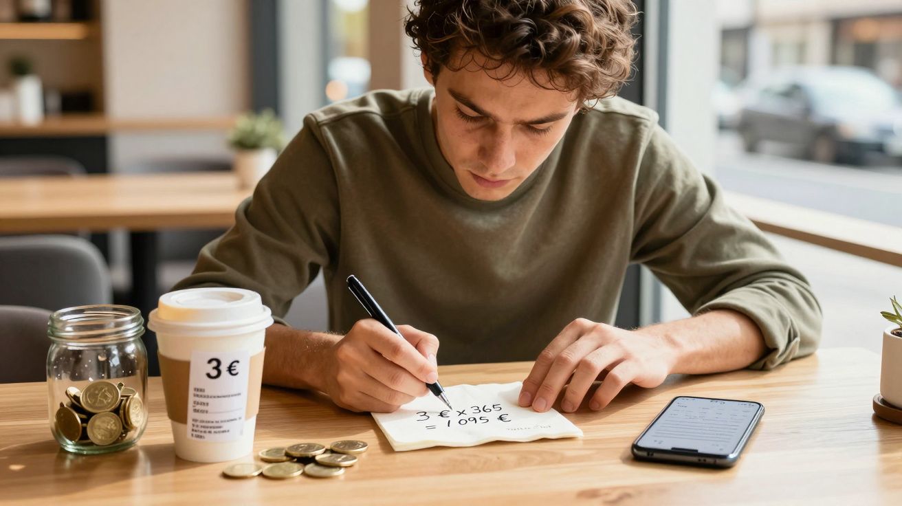 Homem jovem a calcular finanças num papel junto a moedas, café e telemóvel numa mesa de madeira.