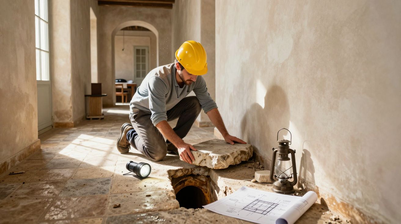 Homem com capacete amarelo a levantar pedra do chão numa construção antiga com plantas e lanternas.