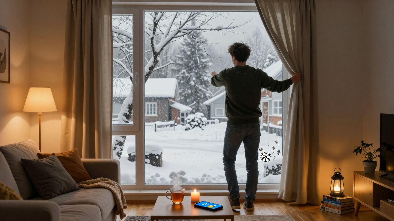 Homem a abrir cortinas para ver a paisagem nevada de casas e árvores numa sala confortável e acolhedora.