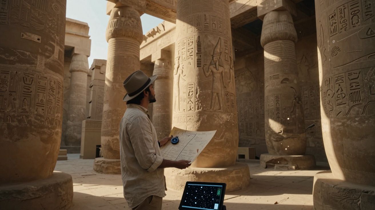 Homem com chapéu e mapa explora pilares antigos com hieróglifos em templo egípcio sob luz solar.